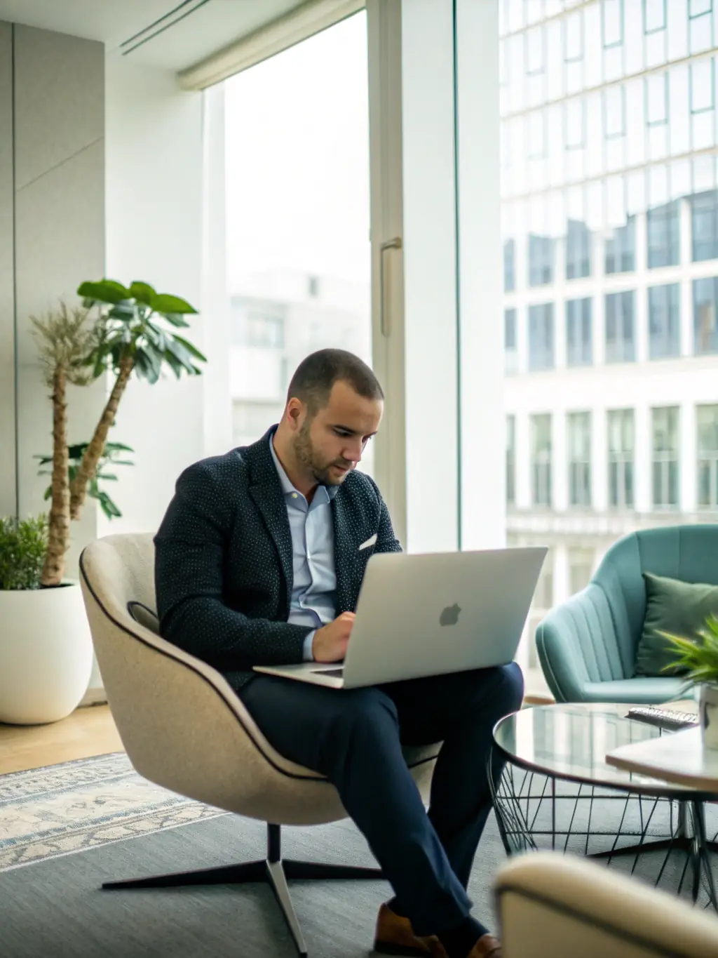 An Indian entrepreneur looking determined and focused, working on a laptop in a co-working space, symbolizing the drive and ambition of Widownest's clients.