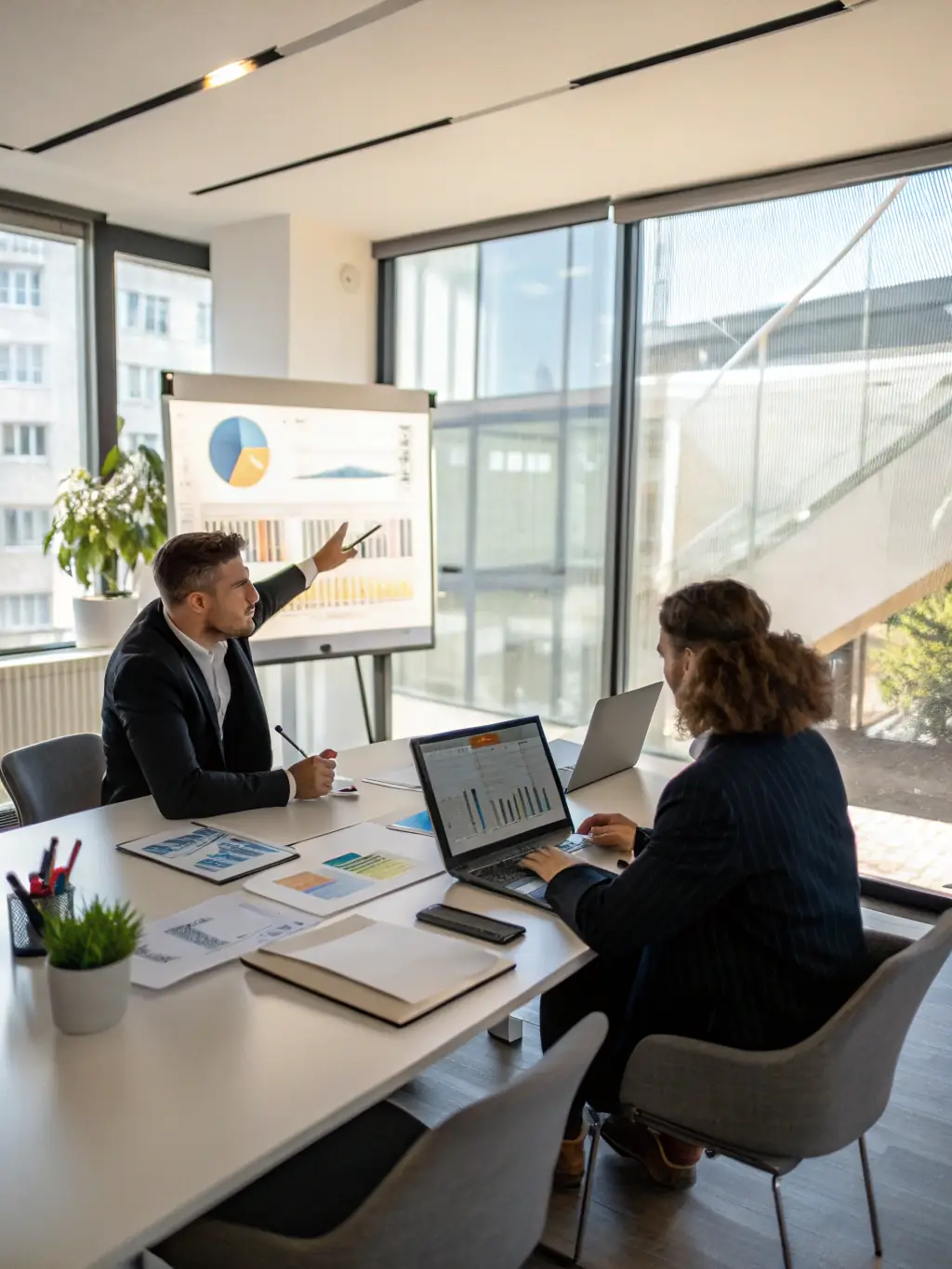 A professional Indian business coach in a sharp suit, smiling confidently while reviewing financial documents with a client in a modern office. The scene conveys trust and expertise.
